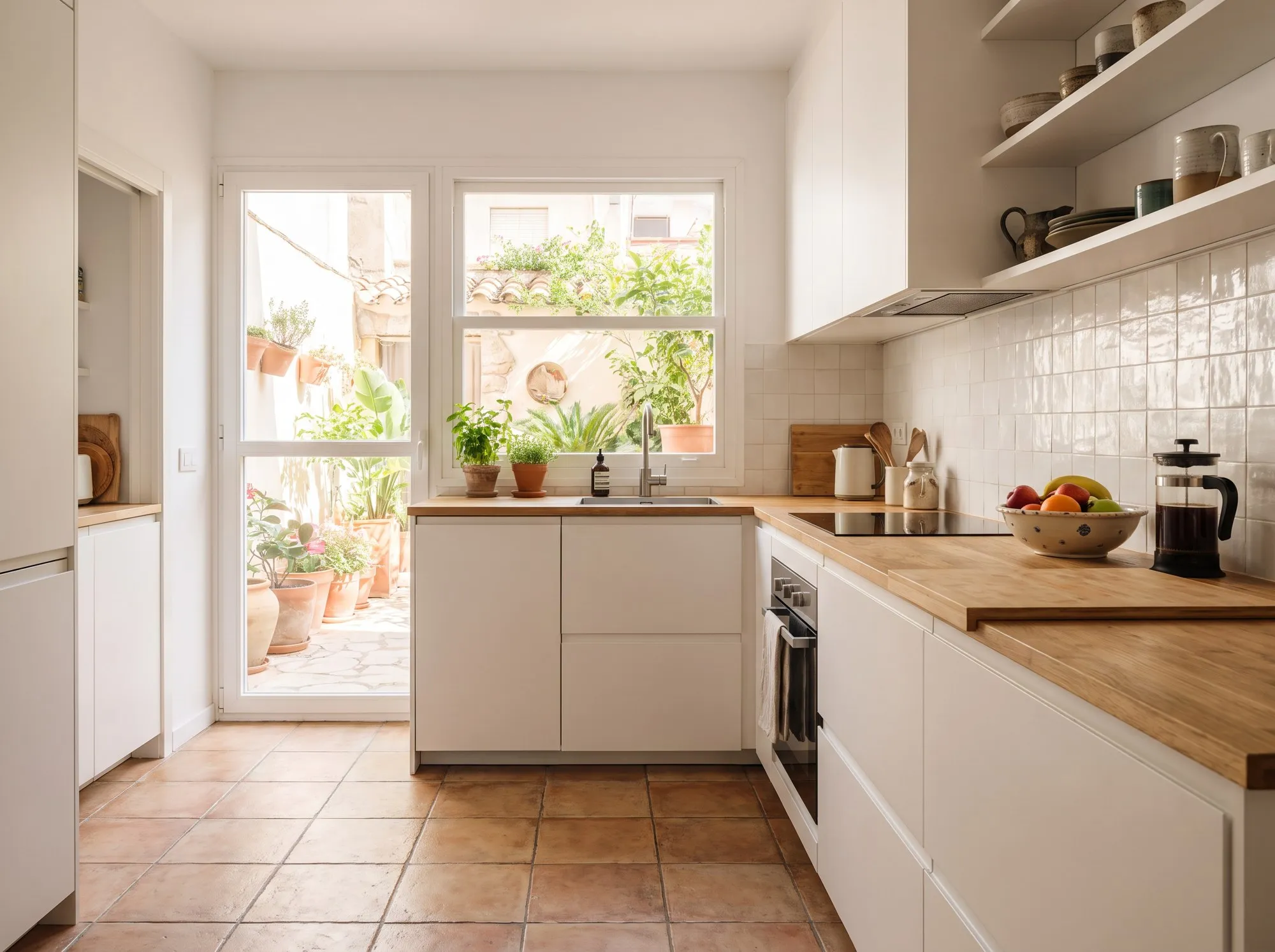 Cuisine rénovée avec meubles blancs et plan de travail en bois