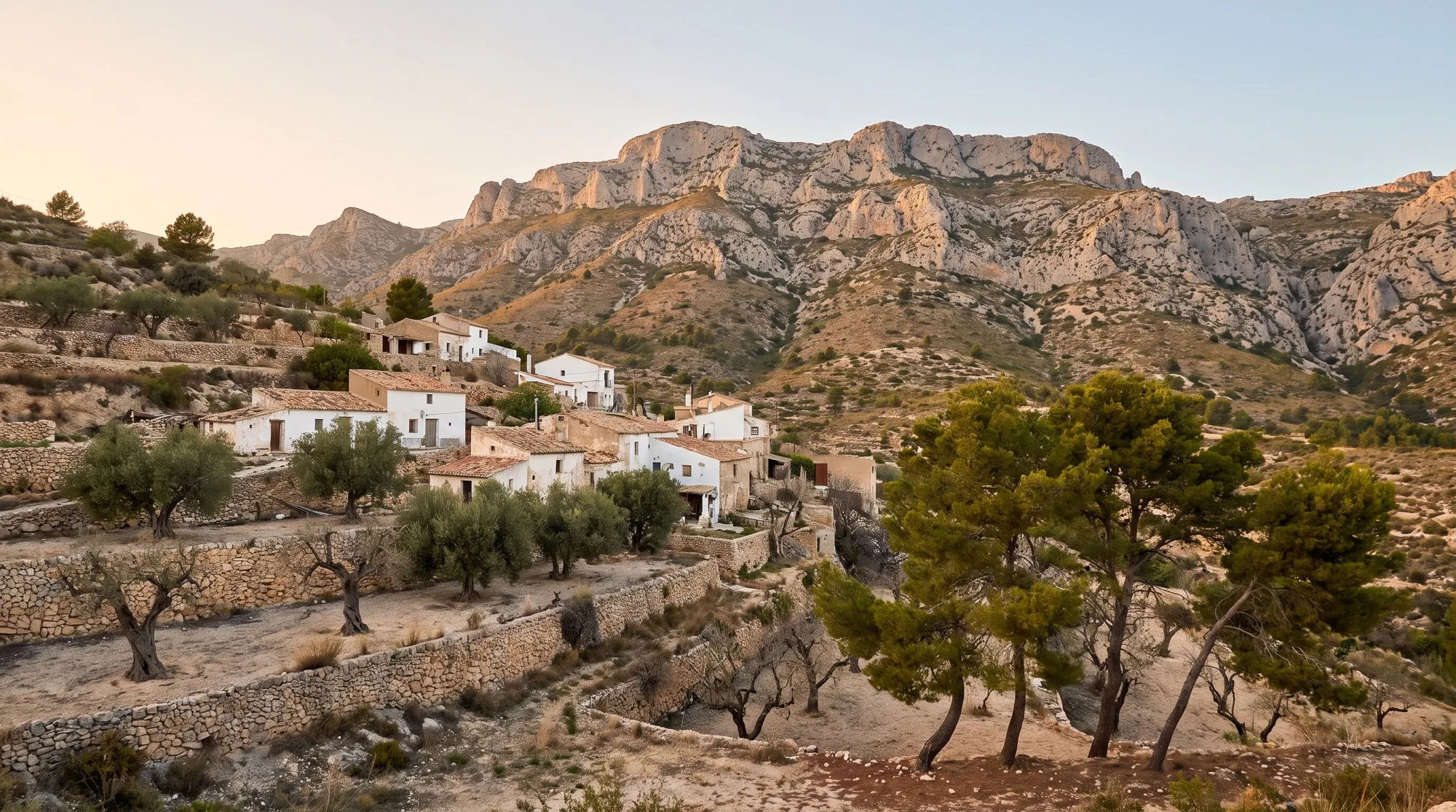 Collines de l'arrière-pays d'Alicante, oliviers et amandiers en terrasses