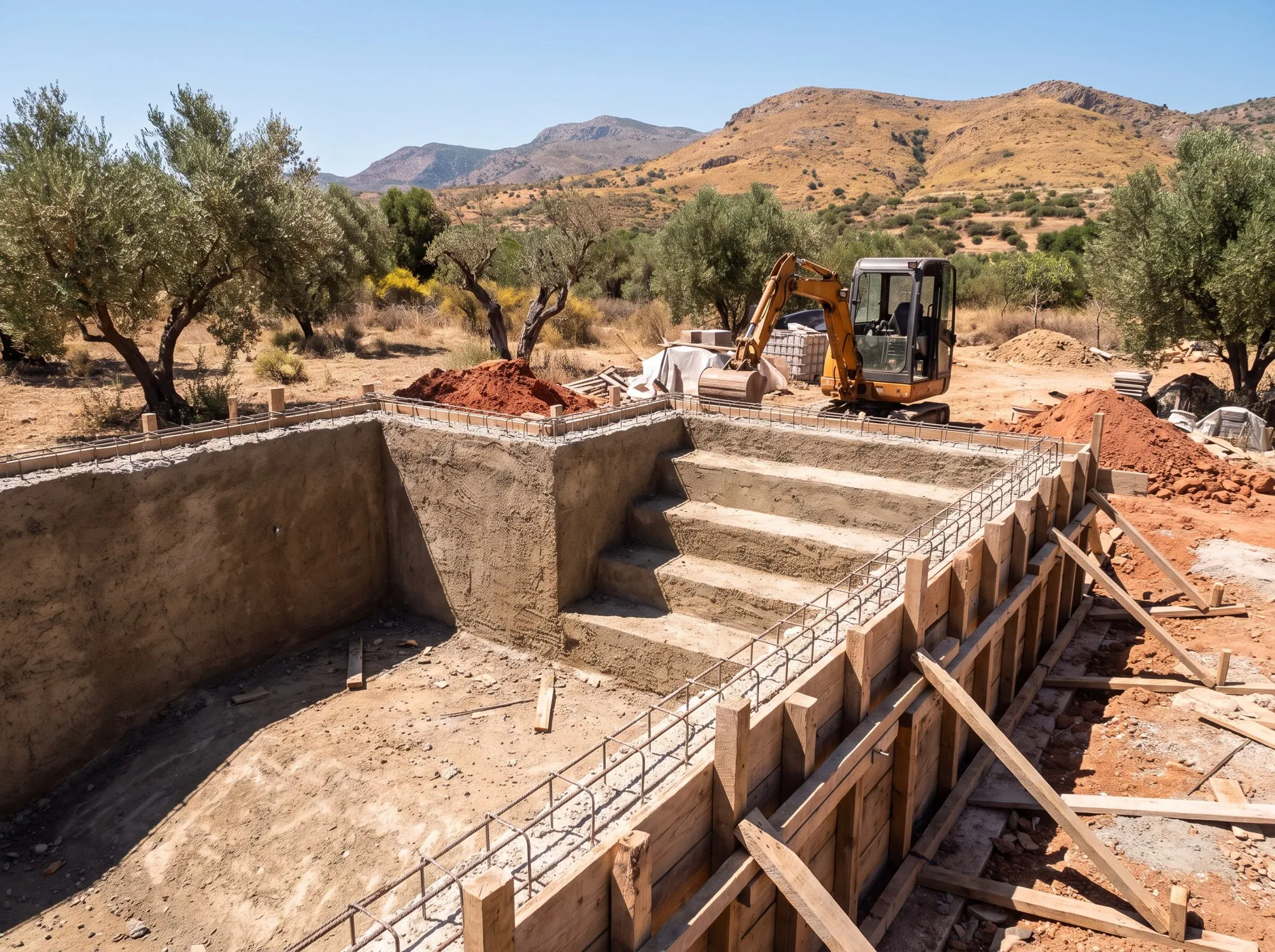 Bassin de piscine en béton en cours de construction dans un jardin
